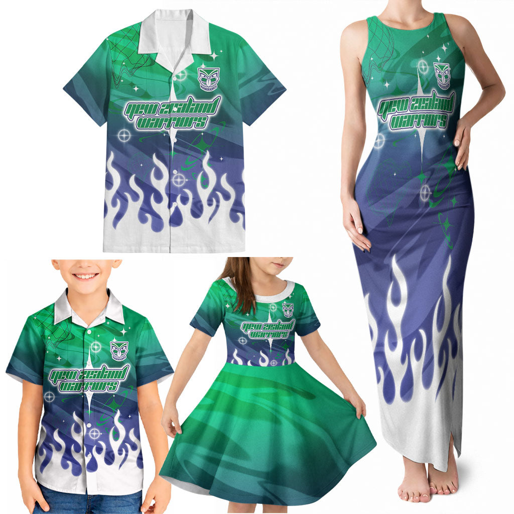Personalized New Zealand Warriors Family Matching Tank Maxi Dress and Hawaiian Shirt Y2K Grunge Aesthetic With Cyber Flames and Starburst Graphics