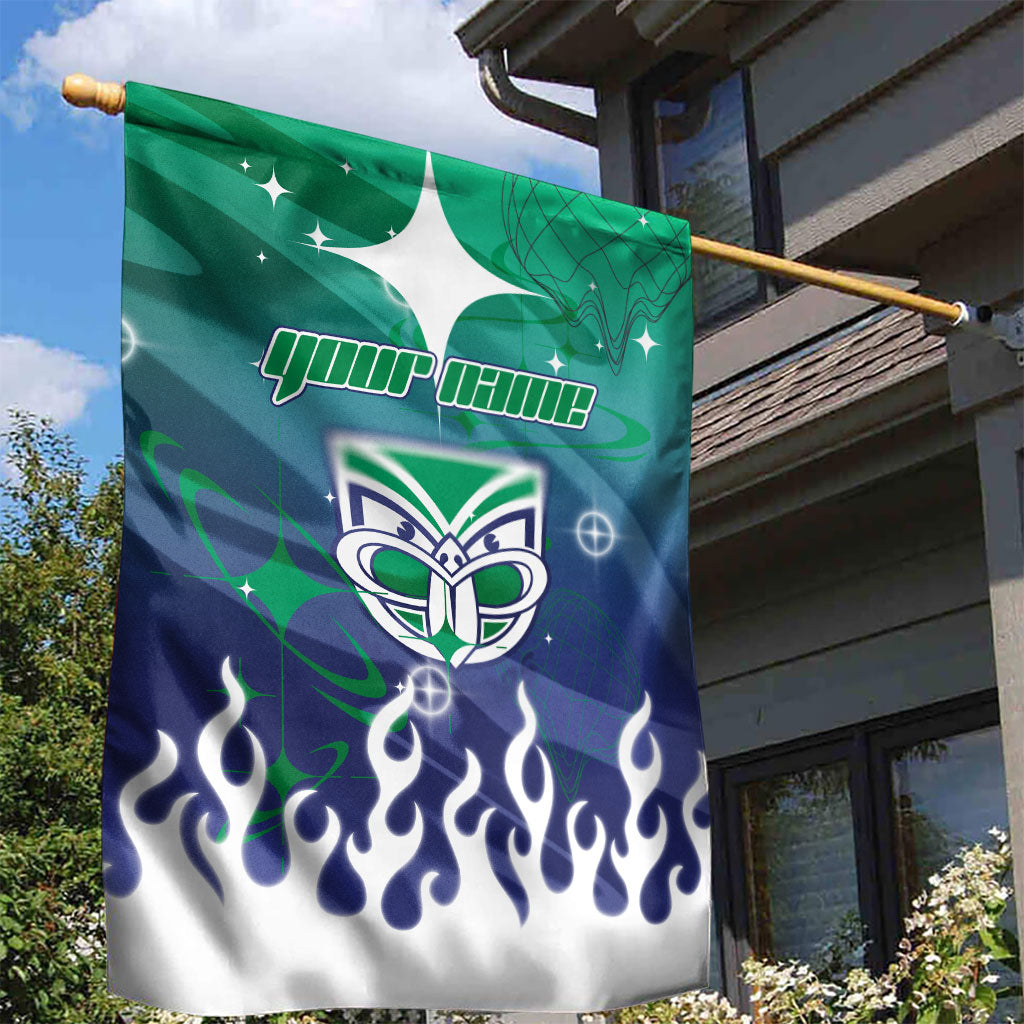 Personalized New Zealand Warriors Garden Flag Y2K Grunge Aesthetic With Cyber Flames and Starburst Graphics