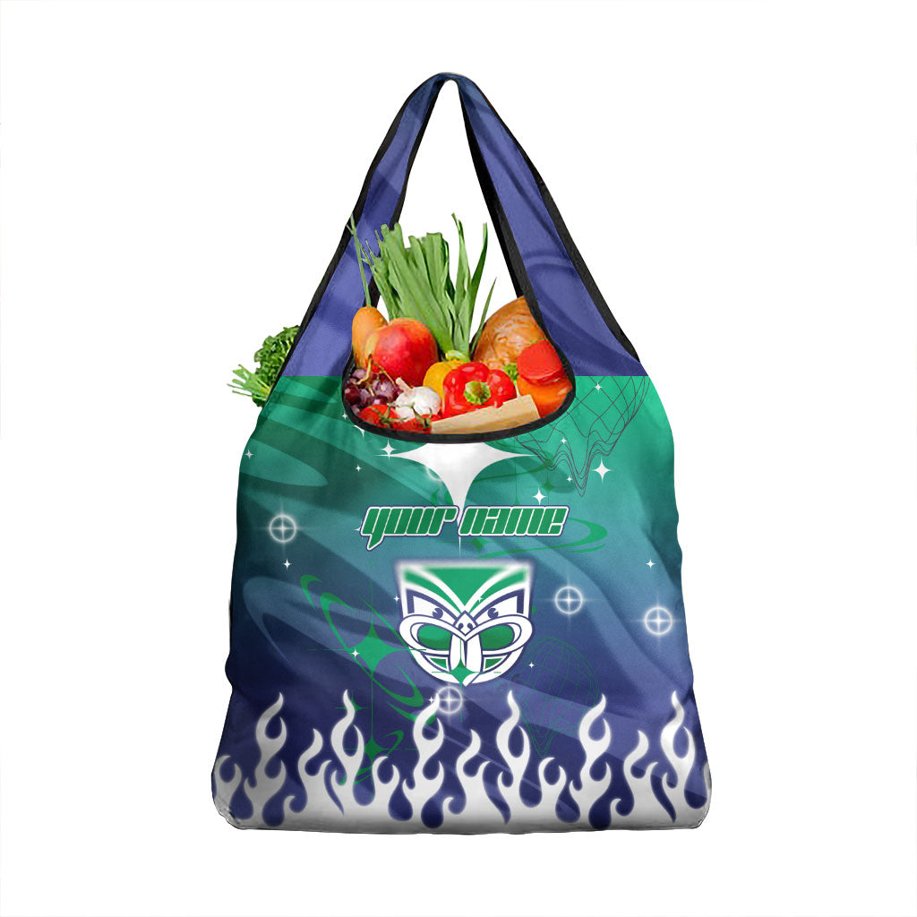 Personalized New Zealand Warriors Grocery Bag Y2K Grunge Aesthetic With Cyber Flames and Starburst Graphics