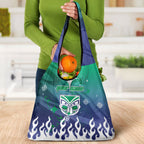 Personalized New Zealand Warriors Grocery Bag Y2K Grunge Aesthetic With Cyber Flames and Starburst Graphics