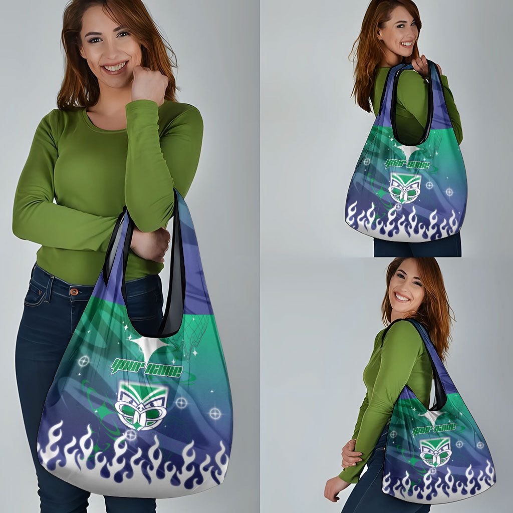 Personalized New Zealand Warriors Grocery Bag Y2K Grunge Aesthetic With Cyber Flames and Starburst Graphics