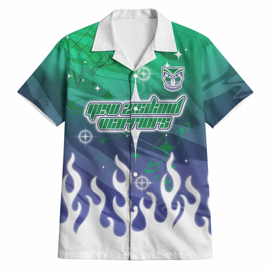 Personalized New Zealand Warriors Hawaiian Shirt Y2K Grunge Aesthetic With Cyber Flames and Starburst Graphics