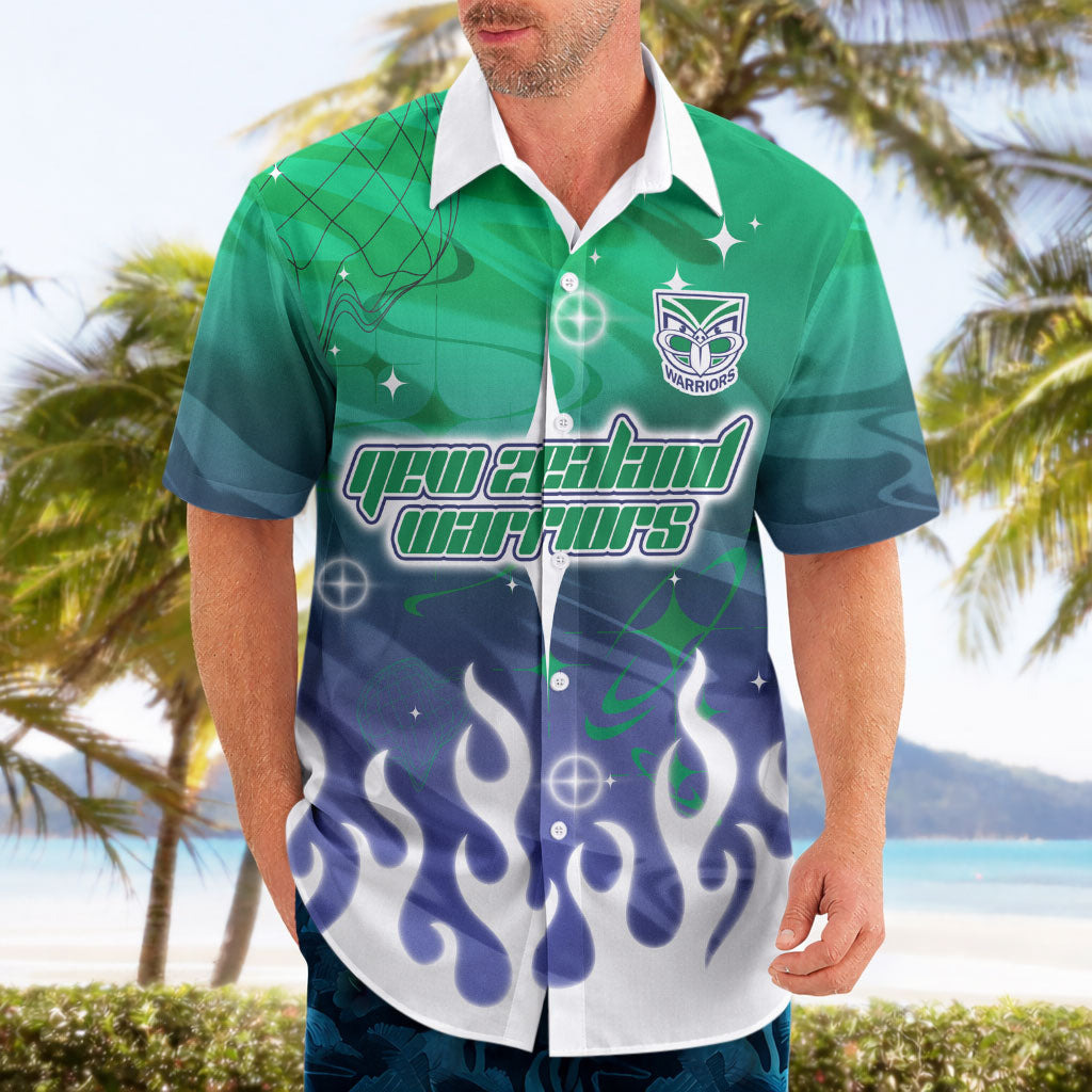 Personalized New Zealand Warriors Hawaiian Shirt Y2K Grunge Aesthetic With Cyber Flames and Starburst Graphics