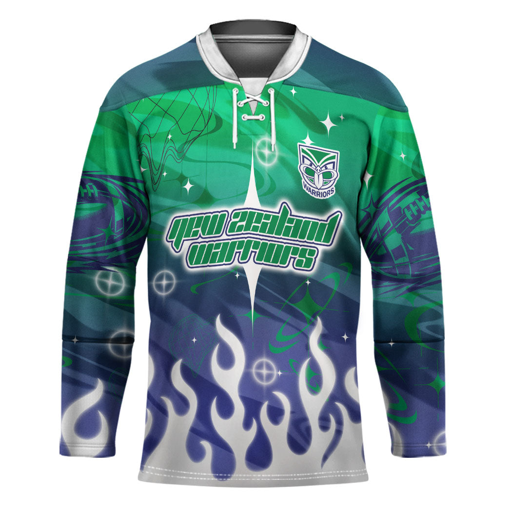 Personalized New Zealand Warriors Hockey Jersey Y2K Grunge Aesthetic With Cyber Flames and Starburst Graphics