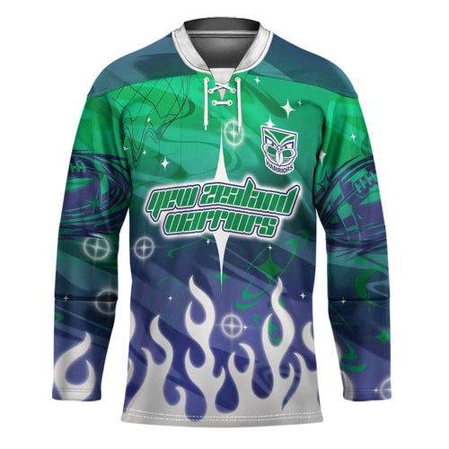 Personalized New Zealand Warriors Hockey Jersey Y2K Grunge Aesthetic With Cyber Flames and Starburst Graphics