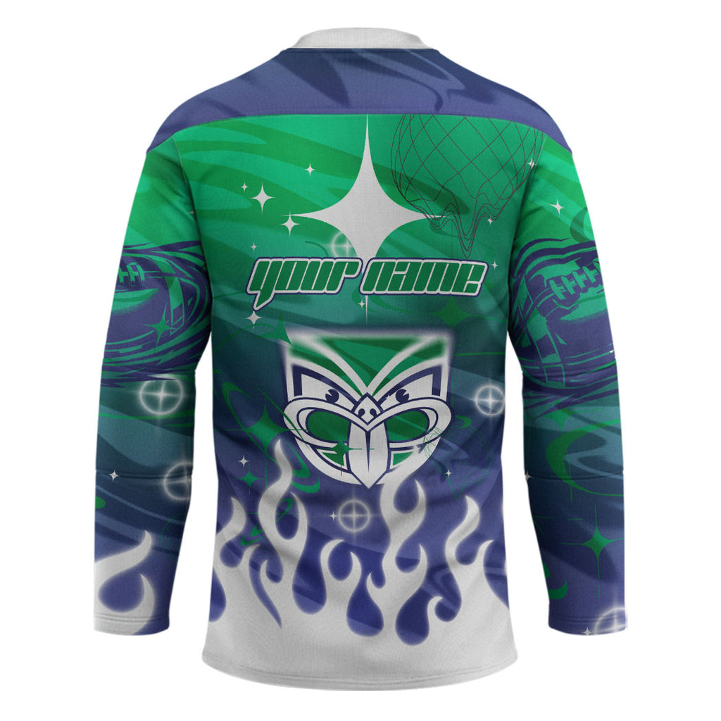 Personalized New Zealand Warriors Hockey Jersey Y2K Grunge Aesthetic With Cyber Flames and Starburst Graphics