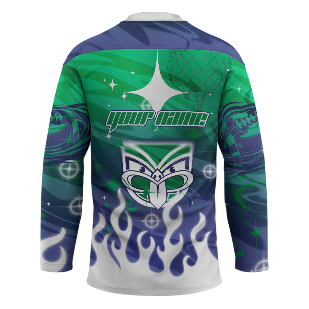Personalized New Zealand Warriors Hockey Jersey Y2K Grunge Aesthetic With Cyber Flames and Starburst Graphics