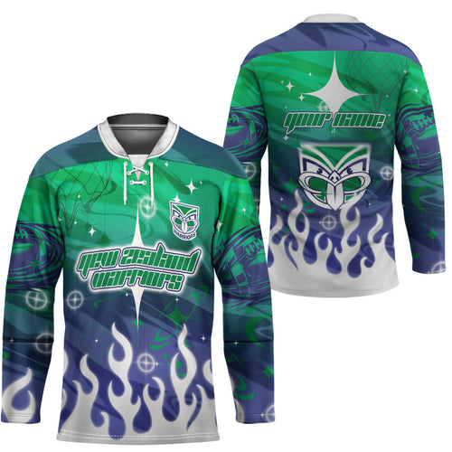 Personalized New Zealand Warriors Hockey Jersey Y2K Grunge Aesthetic With Cyber Flames and Starburst Graphics