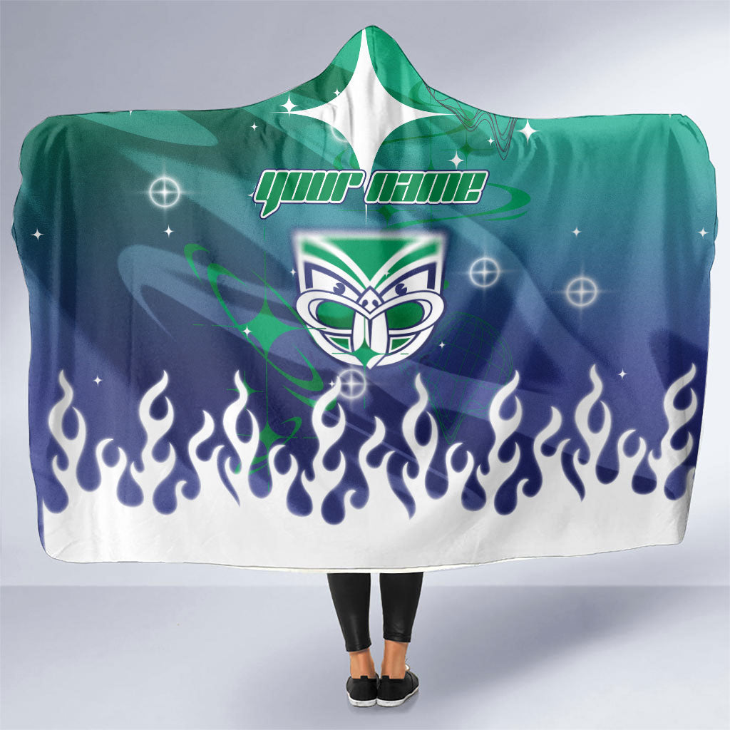 Personalized New Zealand Warriors Hooded Blanket Y2K Grunge Aesthetic With Cyber Flames and Starburst Graphics