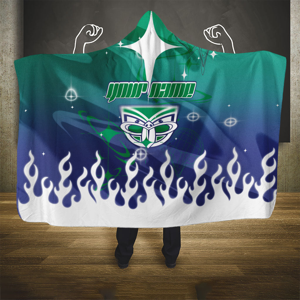 Personalized New Zealand Warriors Hooded Blanket Y2K Grunge Aesthetic With Cyber Flames and Starburst Graphics
