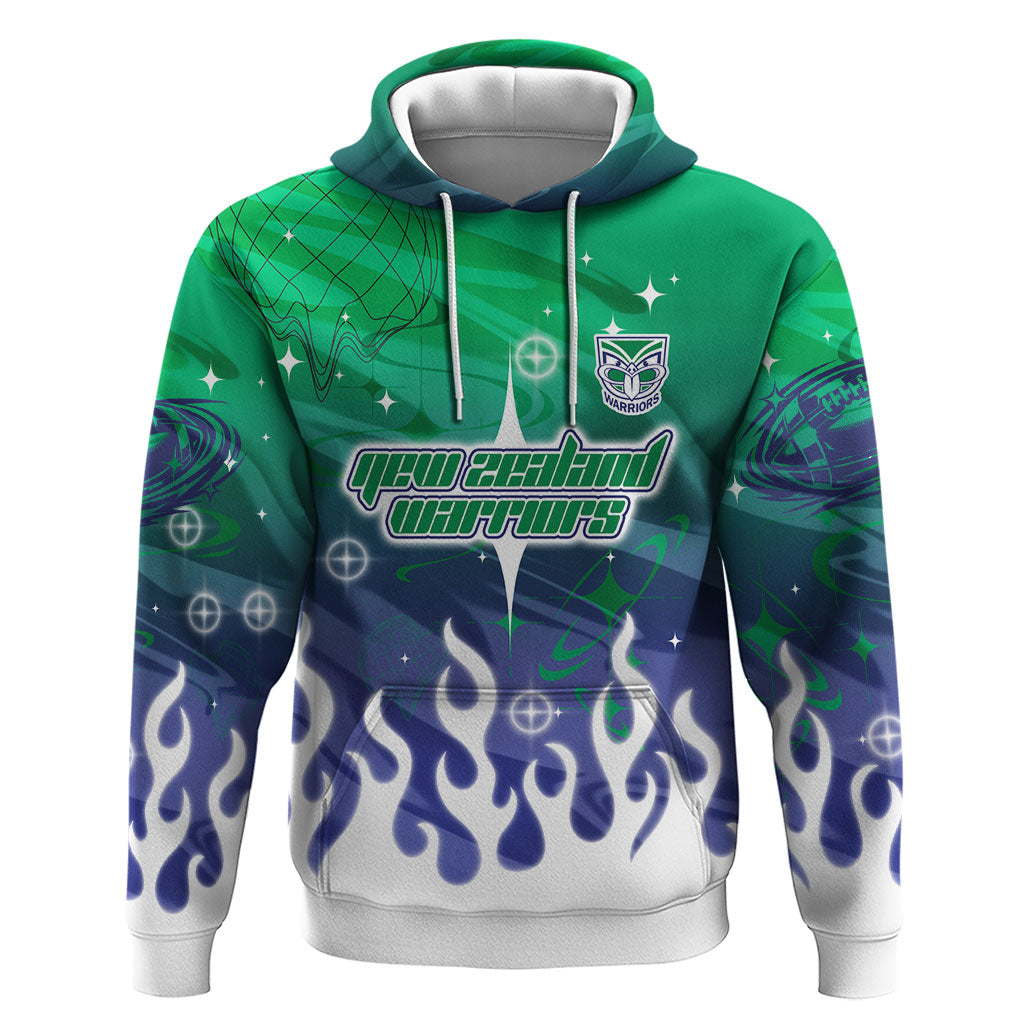 Personalized New Zealand Warriors Hoodie Y2K Grunge Aesthetic With Cyber Flames and Starburst Graphics