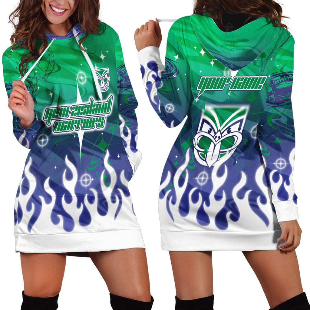 Personalized New Zealand Warriors Hoodie Dress Y2K Grunge Aesthetic With Cyber Flames and Starburst Graphics