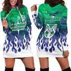 Personalized New Zealand Warriors Hoodie Dress Y2K Grunge Aesthetic With Cyber Flames and Starburst Graphics