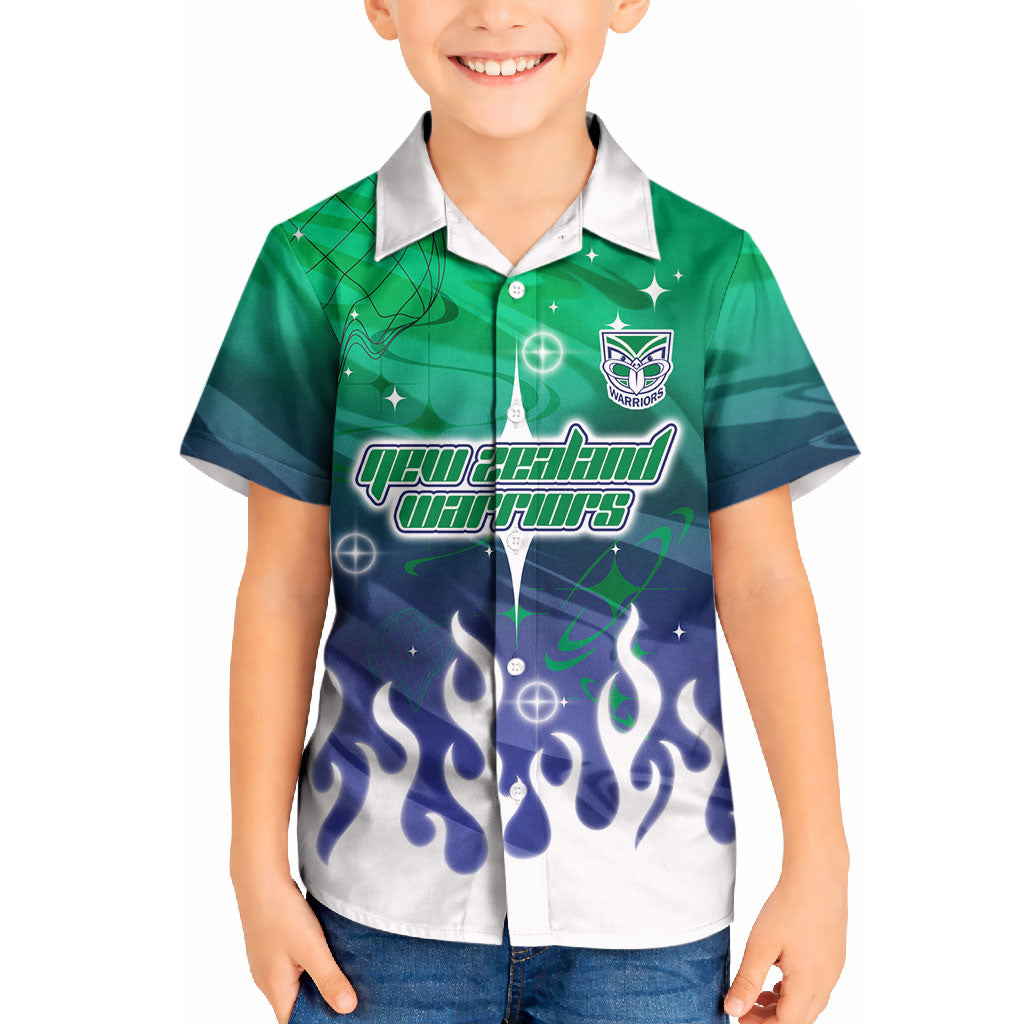 Personalized New Zealand Warriors Kid Hawaiian Shirt Y2K Grunge Aesthetic With Cyber Flames and Starburst Graphics
