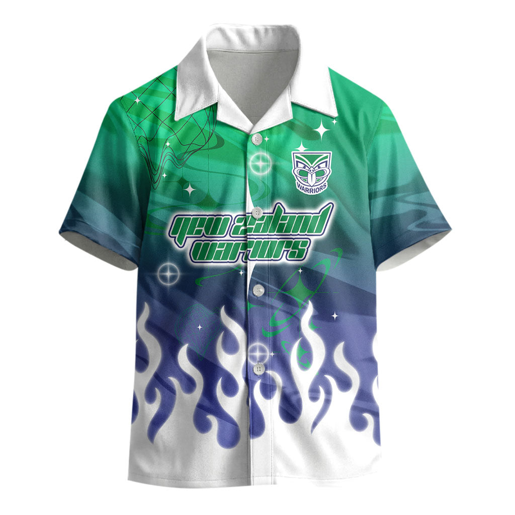 Personalized New Zealand Warriors Kid Hawaiian Shirt Y2K Grunge Aesthetic With Cyber Flames and Starburst Graphics