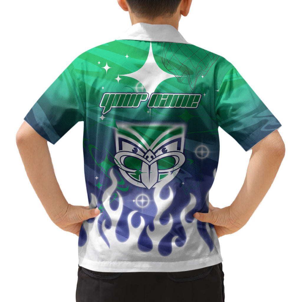Personalized New Zealand Warriors Kid Hawaiian Shirt Y2K Grunge Aesthetic With Cyber Flames and Starburst Graphics