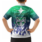 Personalized New Zealand Warriors Kid Hawaiian Shirt Y2K Grunge Aesthetic With Cyber Flames and Starburst Graphics