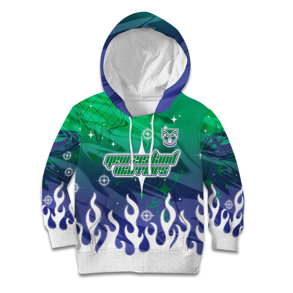 Personalized New Zealand Warriors Kid Hoodie Y2K Grunge Aesthetic With Cyber Flames and Starburst Graphics