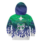 Personalized New Zealand Warriors Kid Hoodie Y2K Grunge Aesthetic With Cyber Flames and Starburst Graphics