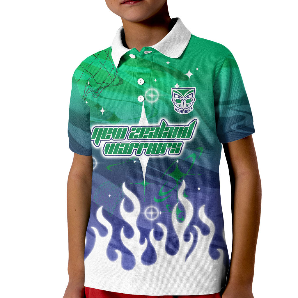 Personalized New Zealand Warriors Kid Polo Shirt Y2K Grunge Aesthetic With Cyber Flames and Starburst Graphics