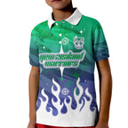 Personalized New Zealand Warriors Kid Polo Shirt Y2K Grunge Aesthetic With Cyber Flames and Starburst Graphics
