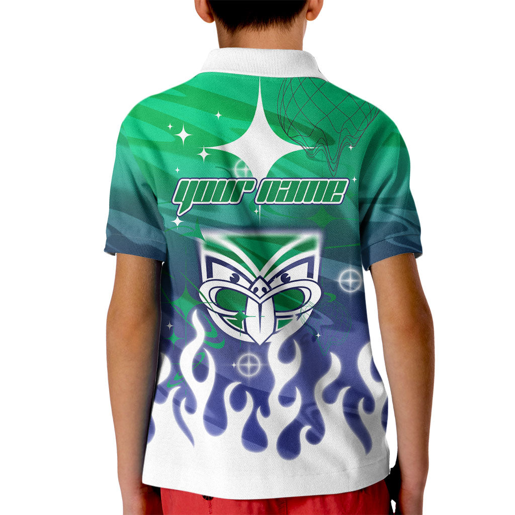 Personalized New Zealand Warriors Kid Polo Shirt Y2K Grunge Aesthetic With Cyber Flames and Starburst Graphics
