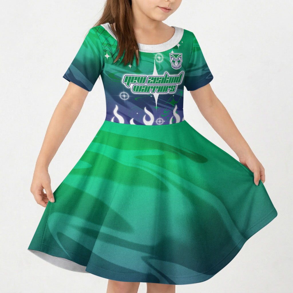 Personalized New Zealand Warriors Kid Short Sleeve Dress Y2K Grunge Aesthetic With Cyber Flames and Starburst Graphics