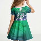 Personalized New Zealand Warriors Kid Short Sleeve Dress Y2K Grunge Aesthetic With Cyber Flames and Starburst Graphics