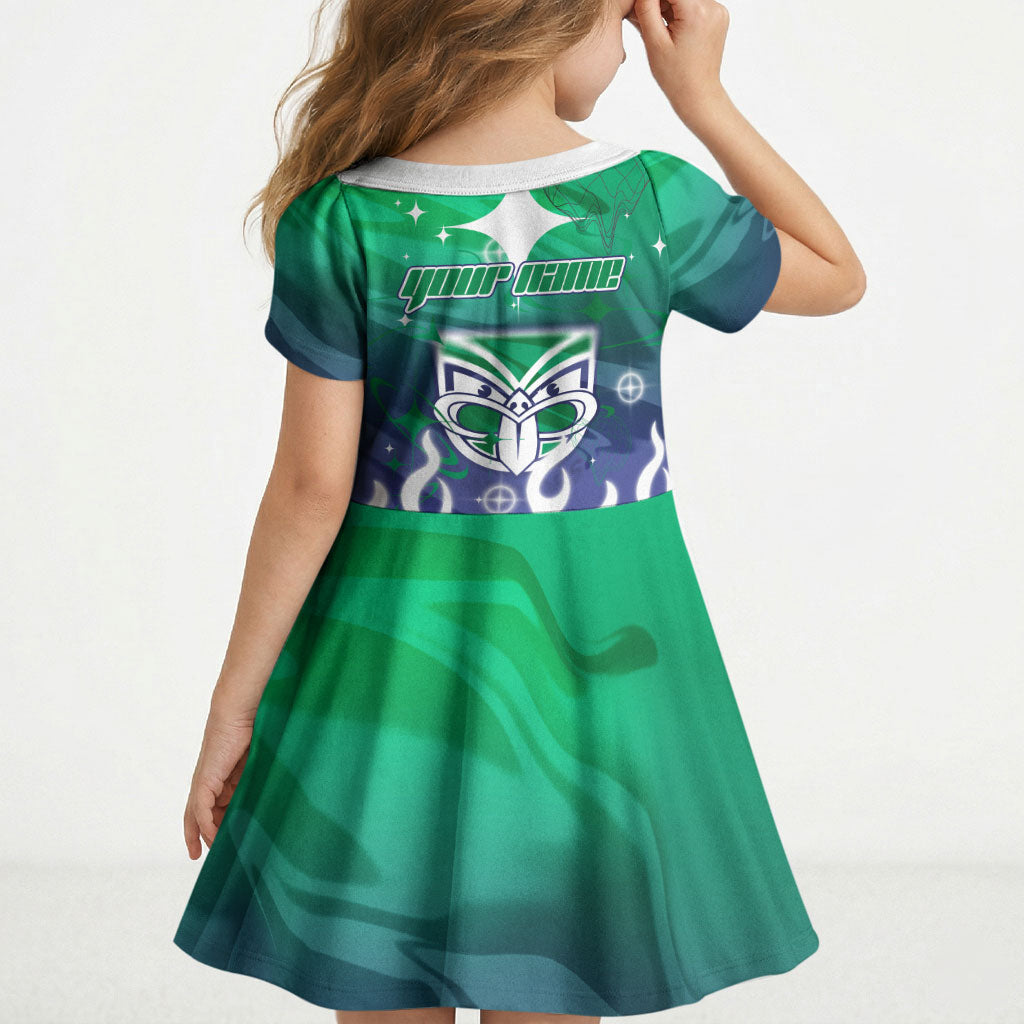Personalized New Zealand Warriors Kid Short Sleeve Dress Y2K Grunge Aesthetic With Cyber Flames and Starburst Graphics