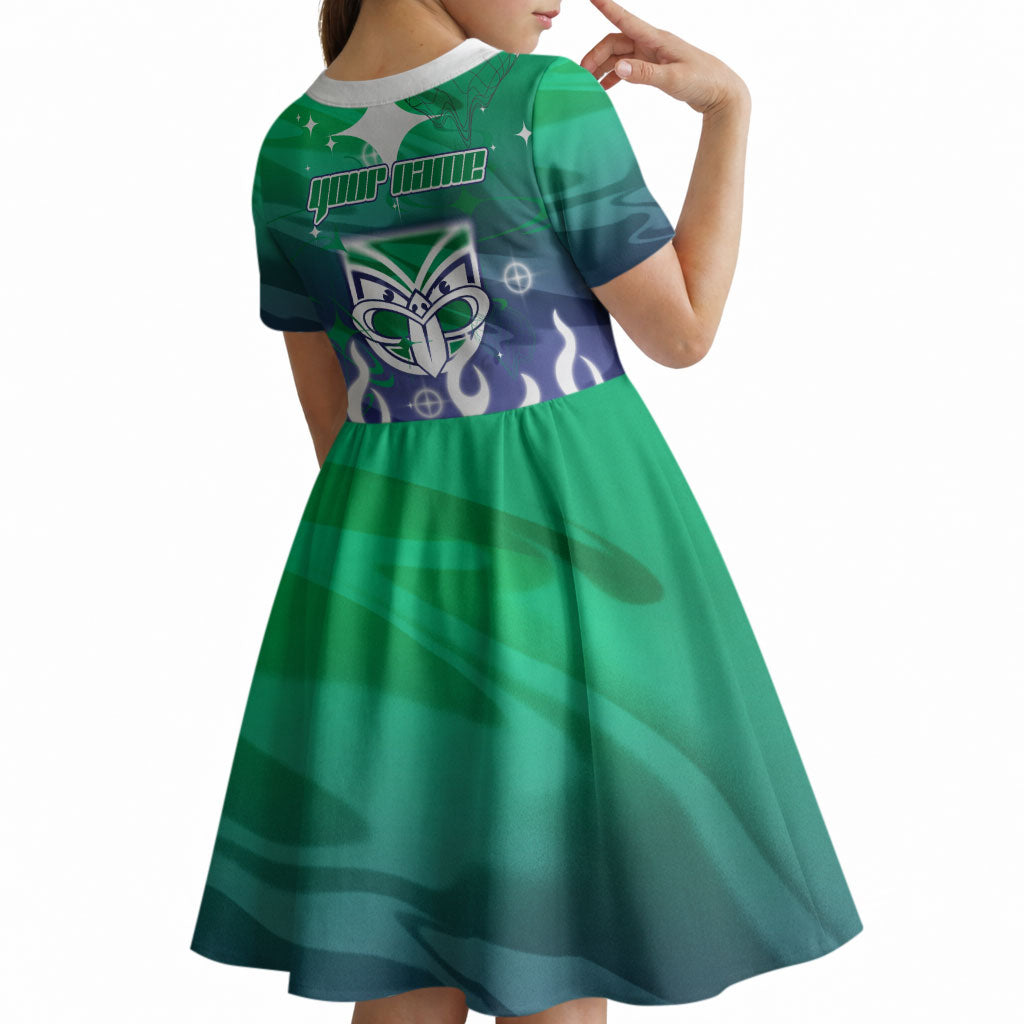 Personalized New Zealand Warriors Kid Short Sleeve Dress Y2K Grunge Aesthetic With Cyber Flames and Starburst Graphics