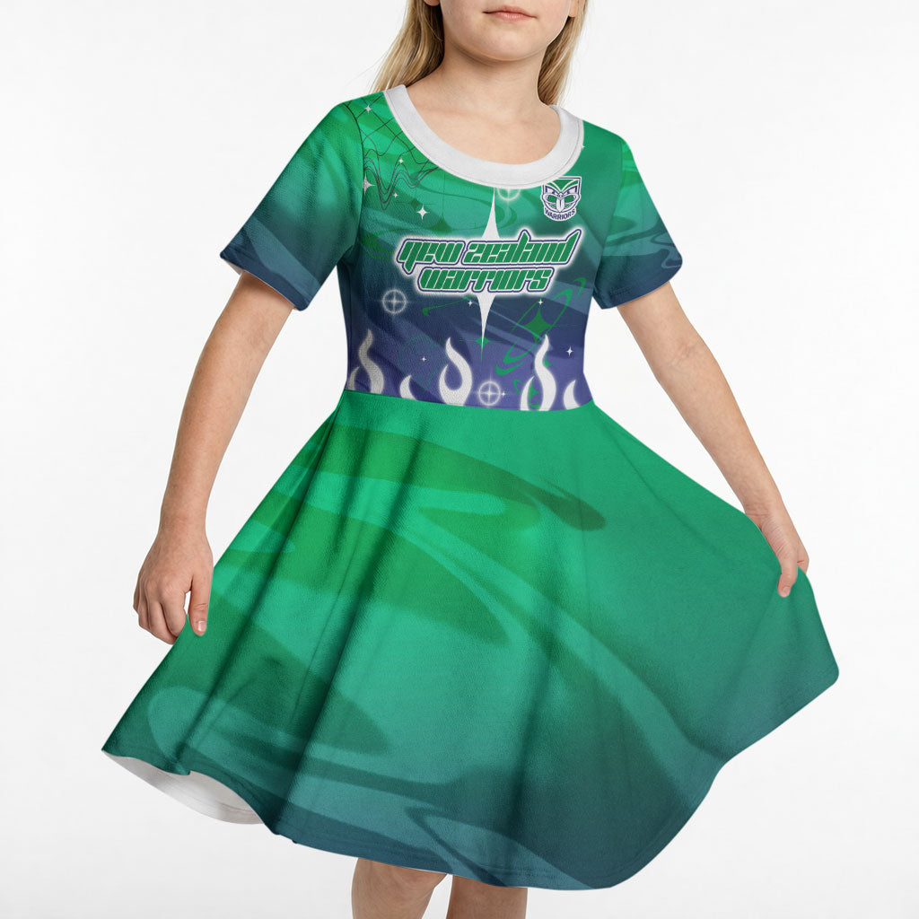 Personalized New Zealand Warriors Kid Short Sleeve Dress Y2K Grunge Aesthetic With Cyber Flames and Starburst Graphics