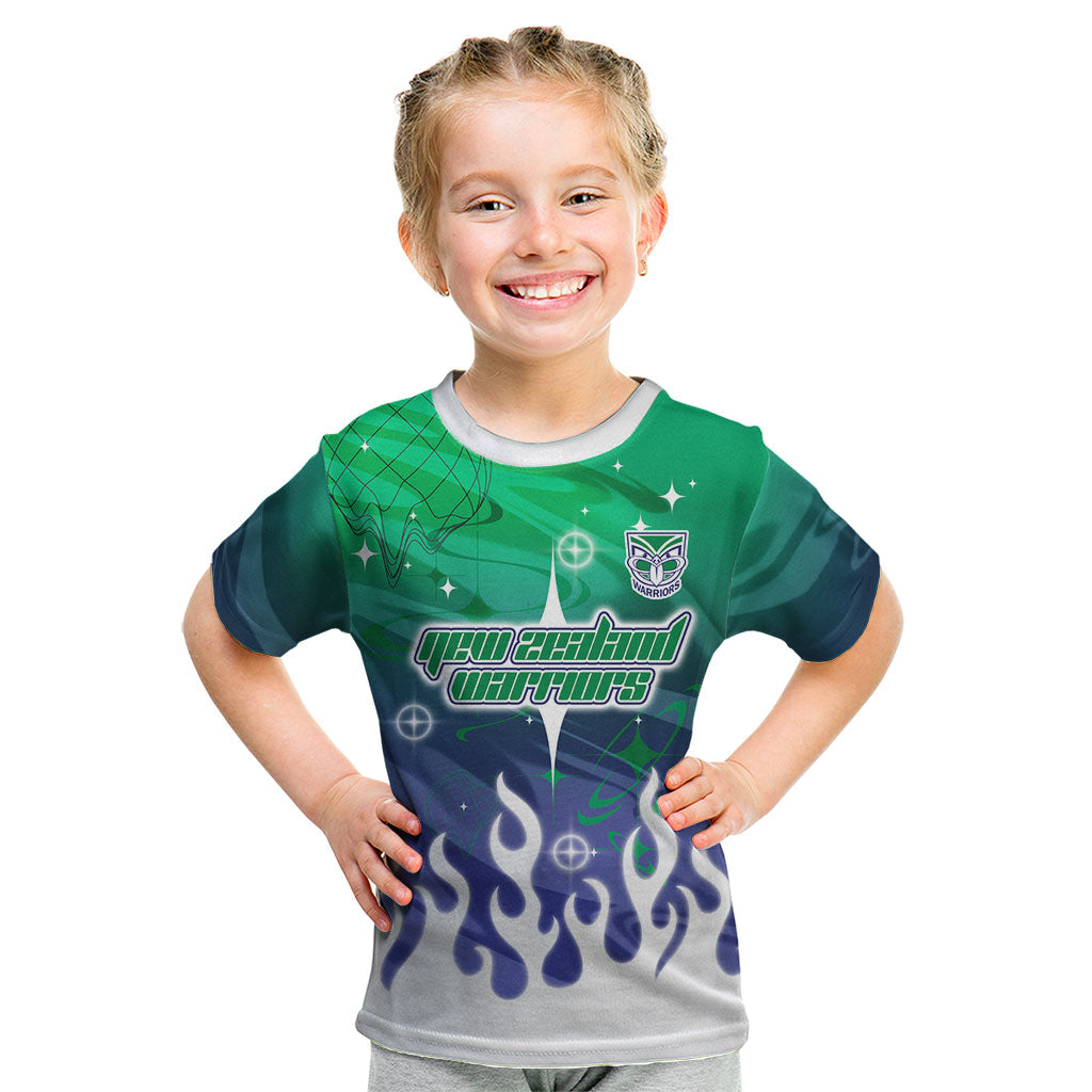 Personalized New Zealand Warriors Kid T Shirt Y2K Grunge Aesthetic With Cyber Flames and Starburst Graphics
