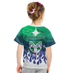 Personalized New Zealand Warriors Kid T Shirt Y2K Grunge Aesthetic With Cyber Flames and Starburst Graphics