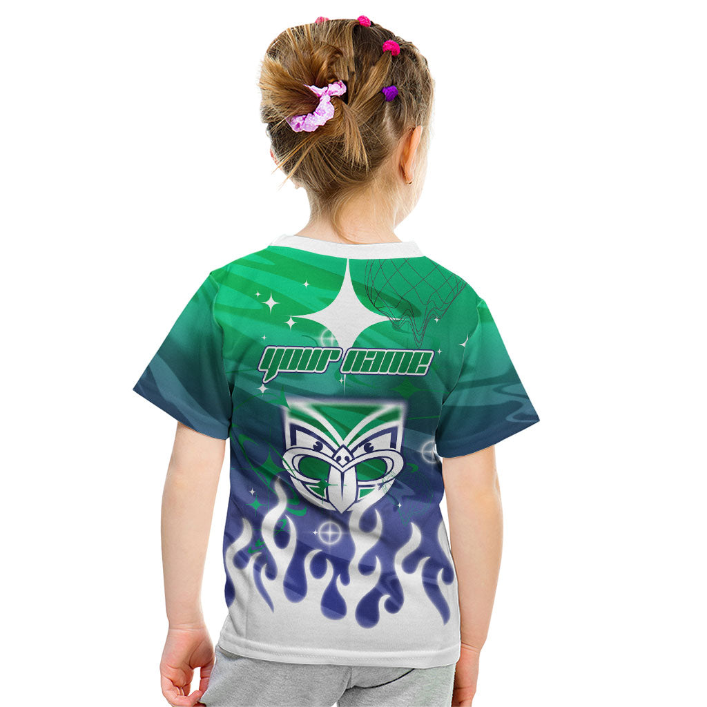 Personalized New Zealand Warriors Kid T Shirt Y2K Grunge Aesthetic With Cyber Flames and Starburst Graphics