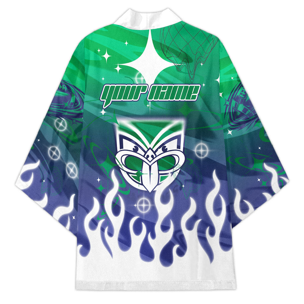 Personalized New Zealand Warriors Kimono Y2K Grunge Aesthetic With Cyber Flames and Starburst Graphics