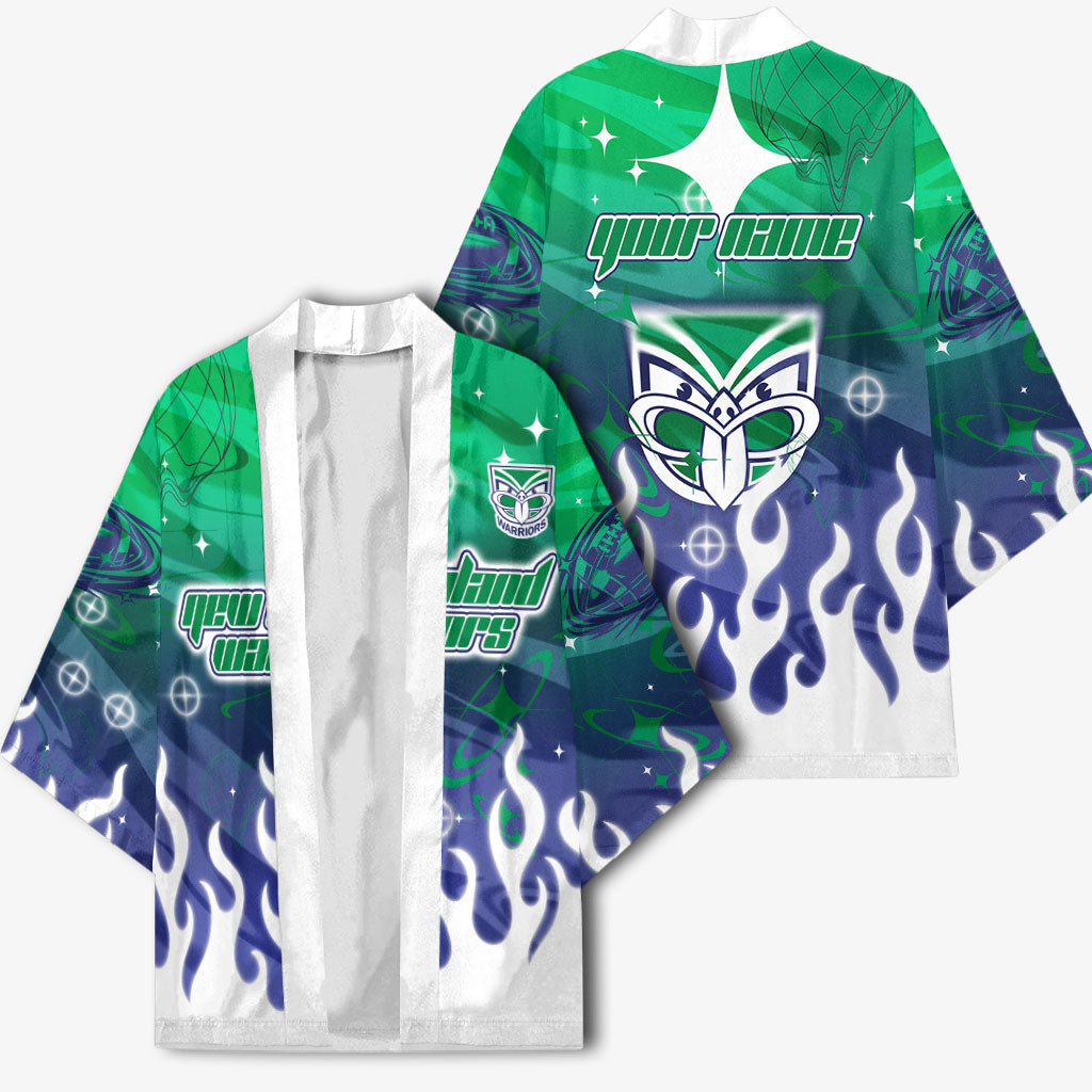 Personalized New Zealand Warriors Kimono Y2K Grunge Aesthetic With Cyber Flames and Starburst Graphics