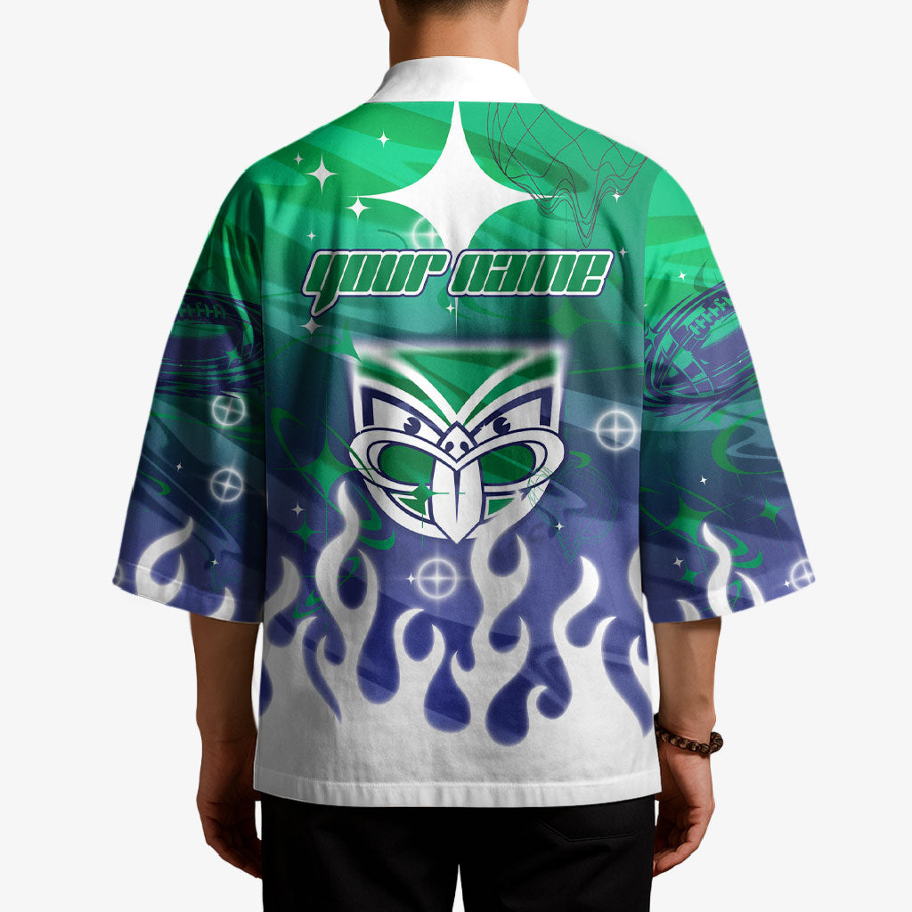 Personalized New Zealand Warriors Kimono Y2K Grunge Aesthetic With Cyber Flames and Starburst Graphics
