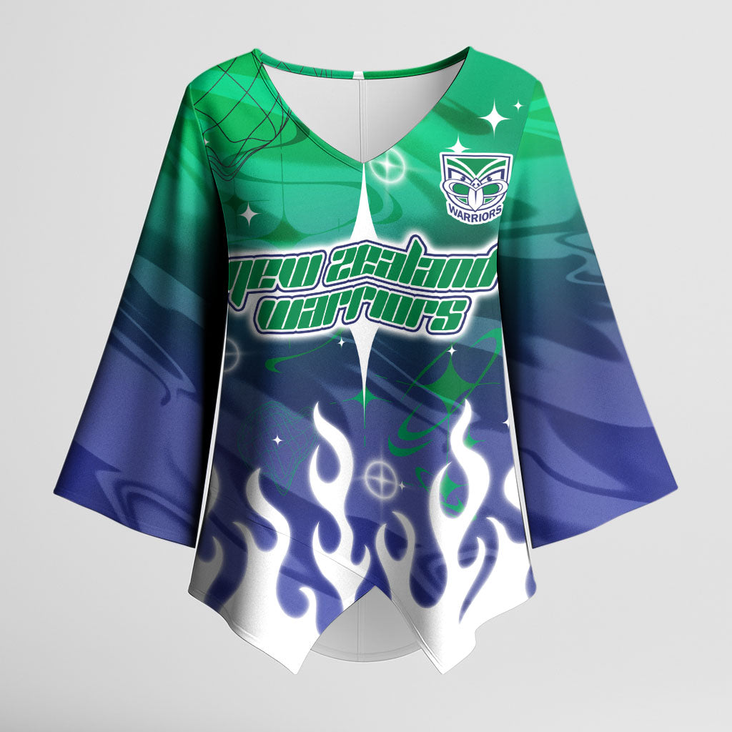 Personalized New Zealand Warriors Kimono Sleeve Blouse Y2K Grunge Aesthetic With Cyber Flames and Starburst Graphics