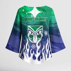 Personalized New Zealand Warriors Kimono Sleeve Blouse Y2K Grunge Aesthetic With Cyber Flames and Starburst Graphics