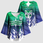 Personalized New Zealand Warriors Kimono Sleeve Blouse Y2K Grunge Aesthetic With Cyber Flames and Starburst Graphics