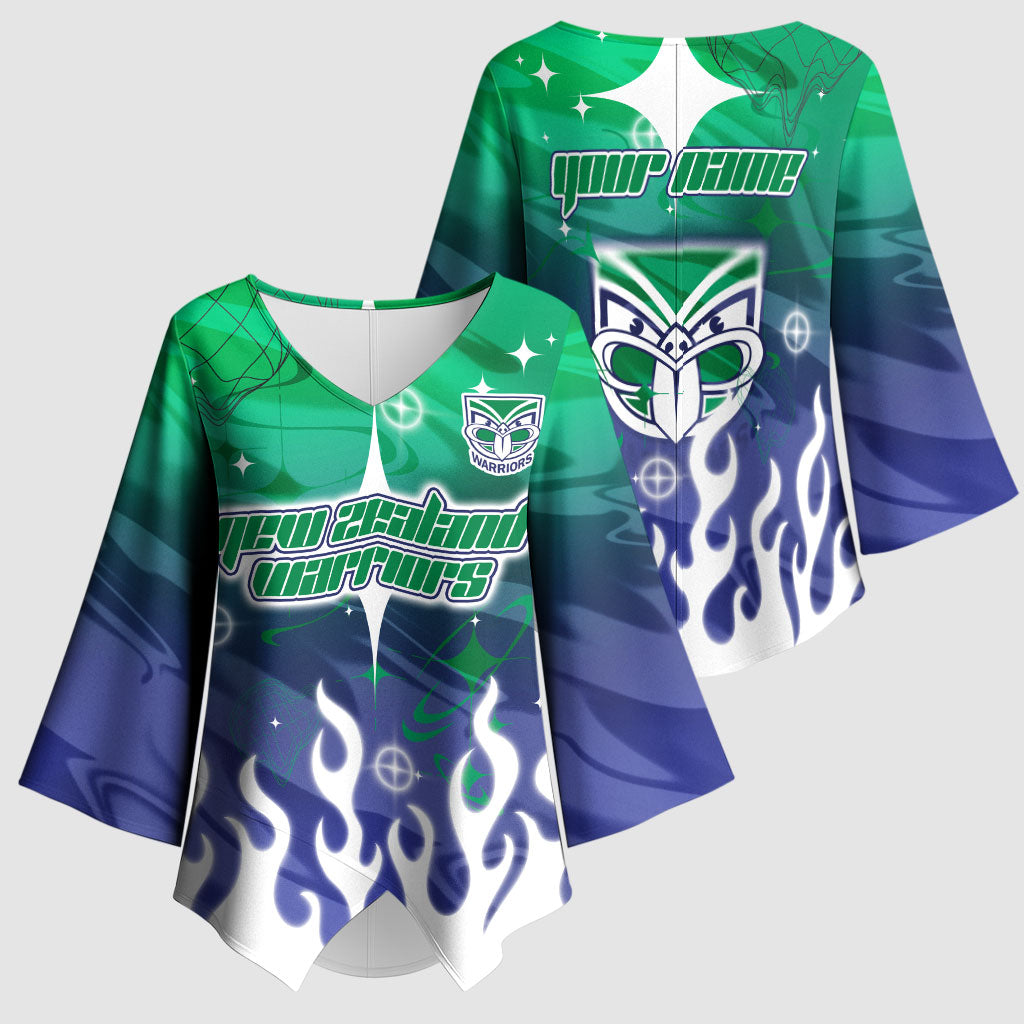 Personalized New Zealand Warriors Kimono Sleeve Blouse Y2K Grunge Aesthetic With Cyber Flames and Starburst Graphics