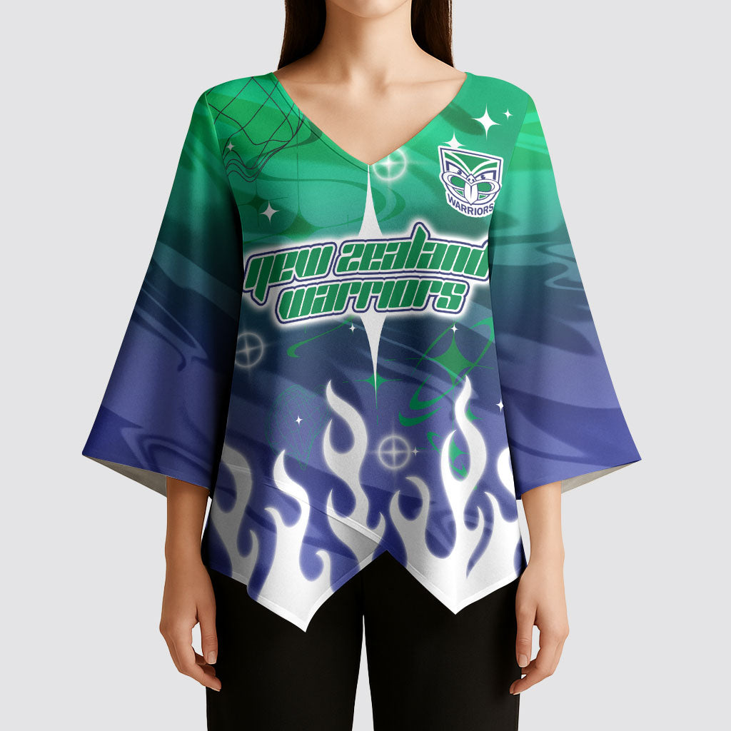 Personalized New Zealand Warriors Kimono Sleeve Blouse Y2K Grunge Aesthetic With Cyber Flames and Starburst Graphics
