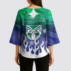 Personalized New Zealand Warriors Kimono Sleeve Blouse Y2K Grunge Aesthetic With Cyber Flames and Starburst Graphics