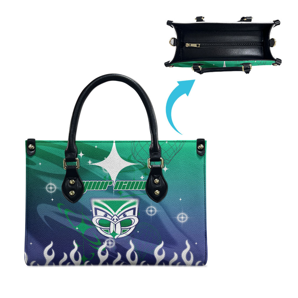 Personalized New Zealand Warriors Leather Bag Y2K Grunge Aesthetic With Cyber Flames and Starburst Graphics
