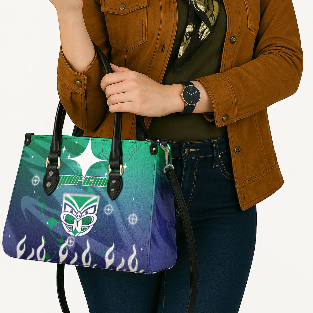 Personalized New Zealand Warriors Leather Bag Y2K Grunge Aesthetic With Cyber Flames and Starburst Graphics