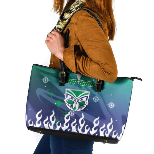 Personalized New Zealand Warriors Leather Tote Bag Y2K Grunge Aesthetic With Cyber Flames and Starburst Graphics