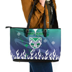 Personalized New Zealand Warriors Leather Tote Bag Y2K Grunge Aesthetic With Cyber Flames and Starburst Graphics