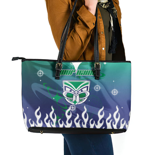 Personalized New Zealand Warriors Leather Tote Bag Y2K Grunge Aesthetic With Cyber Flames and Starburst Graphics