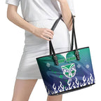 Personalized New Zealand Warriors Leather Tote Bag Y2K Grunge Aesthetic With Cyber Flames and Starburst Graphics