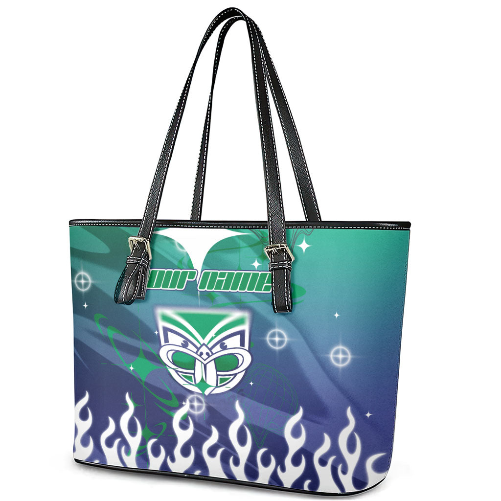 Personalized New Zealand Warriors Leather Tote Bag Y2K Grunge Aesthetic With Cyber Flames and Starburst Graphics